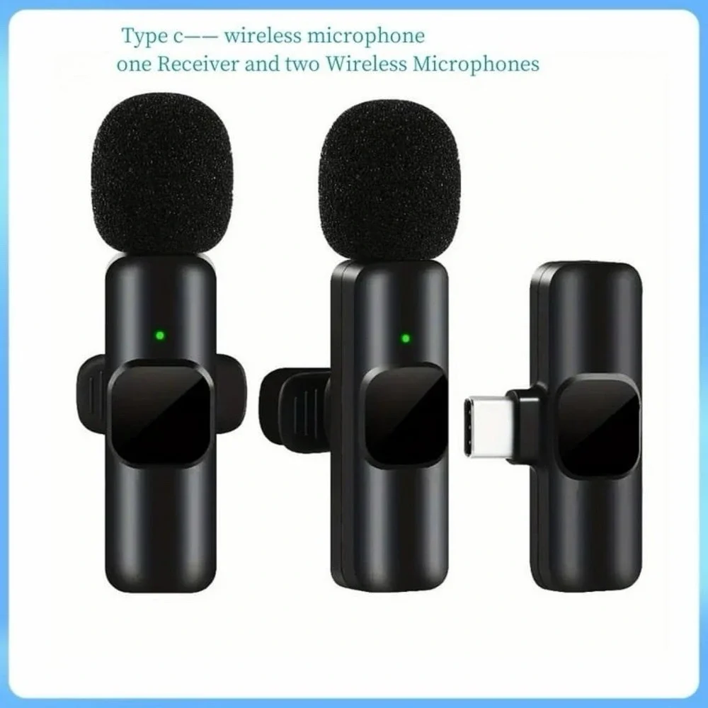 USB C Mini Mic (2) Rechargeable Wireless Microphones & 1 Receiver Type C Black